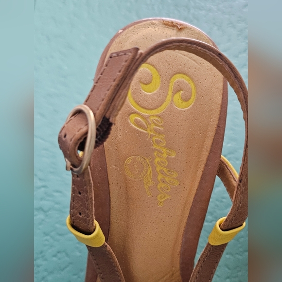 Anthropologie Seychelles Joan Yellow Floral Stacked Wedge Strappy Sandal Size 7 - Picture 8 of 9